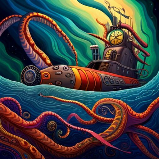 Giant Squid Attacks Classic Submarine: Psychedelic Art