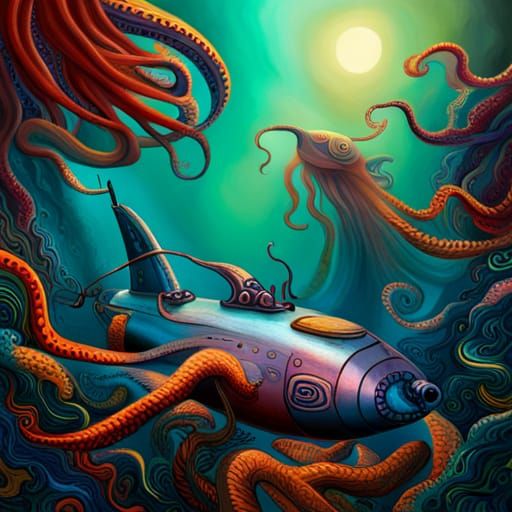 Giant Squid Attacks Classic Submarine: Psychedelic Art