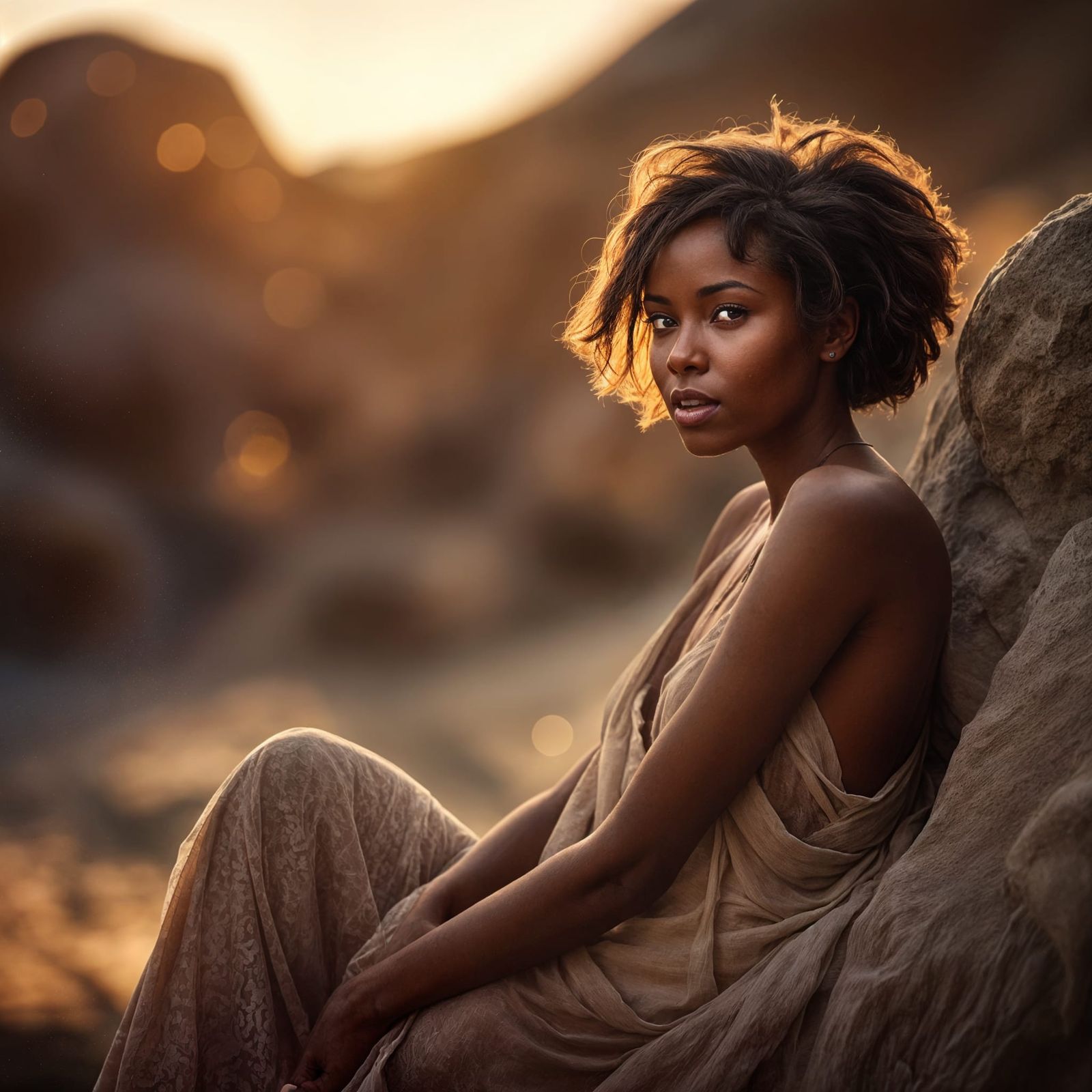 Sensual Woman on Rocky Coast at Sunset