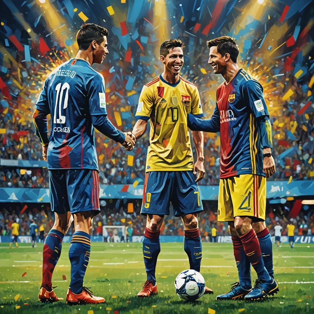 Ronaldo and Messi: Vibrant Stadium Portrait