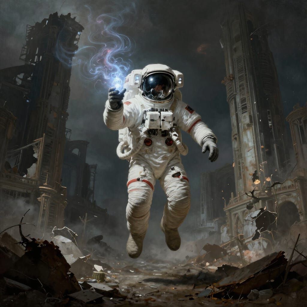 Astronaut Explores Crumbling Alien City with Glowing Artifac...