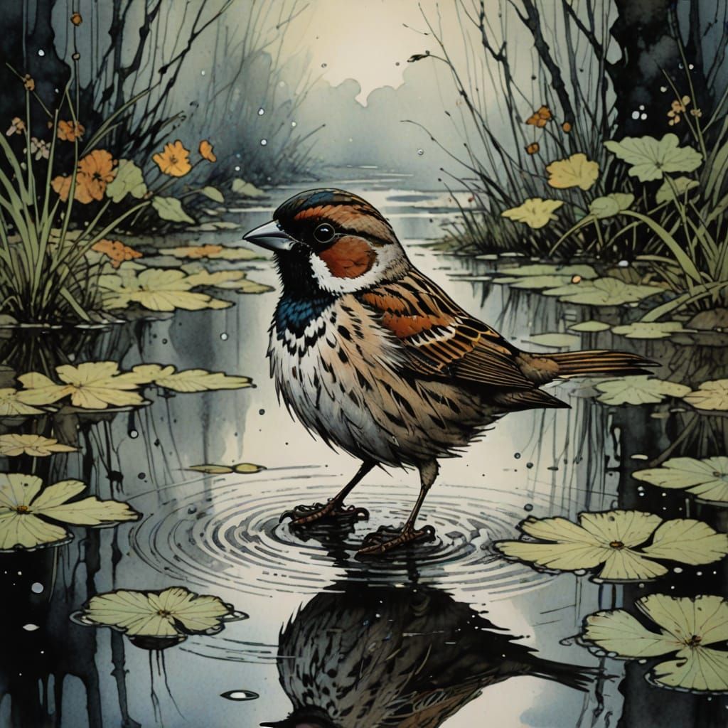 Sparrow in a puddle Ink and wet brush watercolor. ........