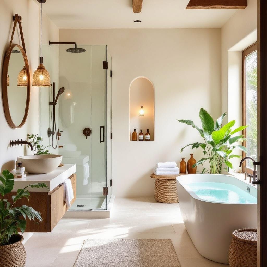 Tropical Bathroom with Stone and Plaster