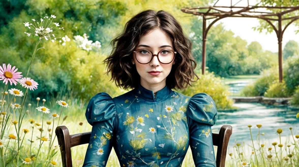 Impressionistic Garden Scene With Woman in Floral Dress