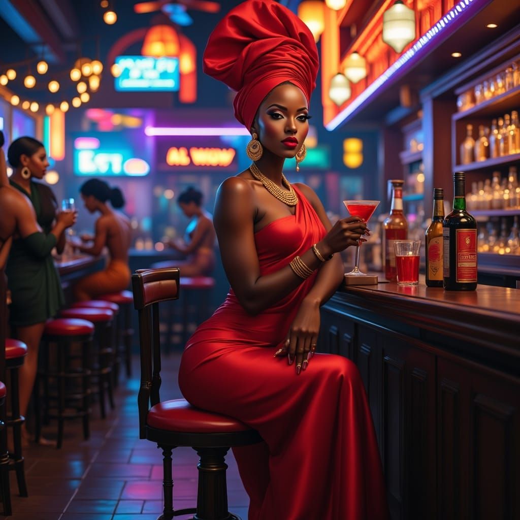 Stylish Black Woman in Red Gown at Bar