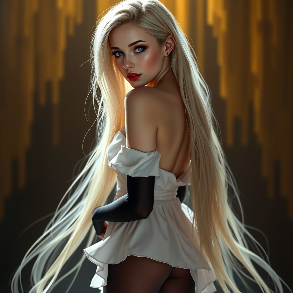 Elegant Blonde Goddess in Black Stockings and Soft Pink Mini...