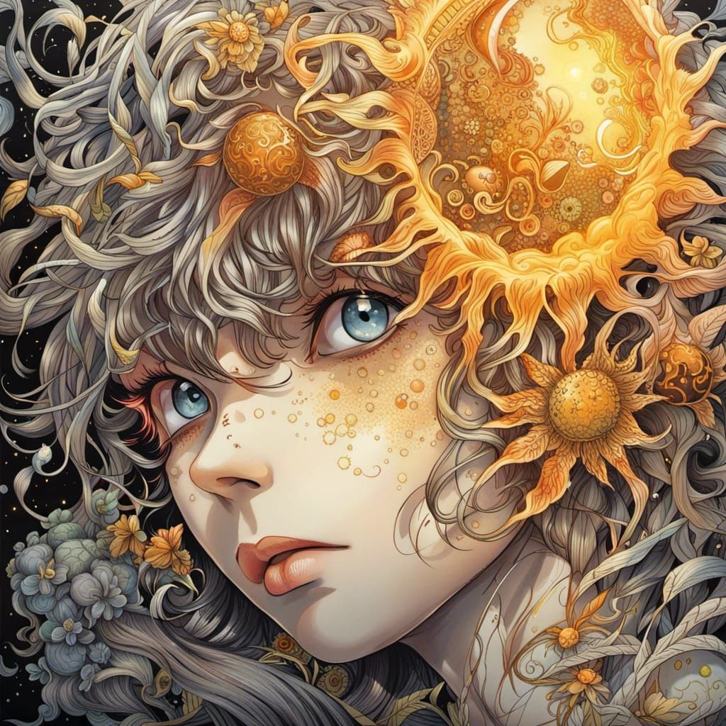 Mystical Hyperrealistic Sun in Japanese Manga Style