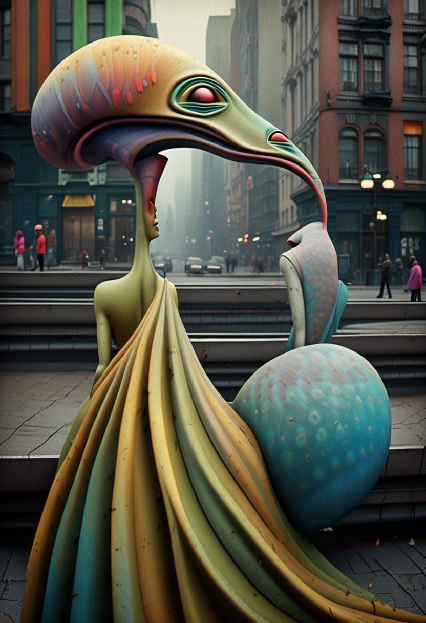 Abstract Polychromatic Cityscape with Alien Pets