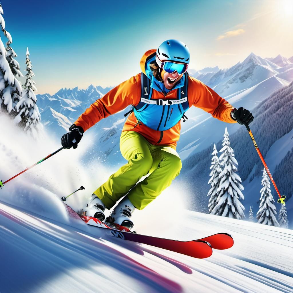 Energetic Skiing Illustration in Hyperrealistic Style
