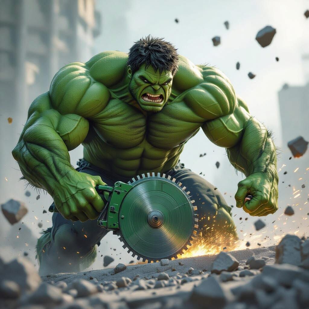Hulk Wields Saw Against Concrete in High-Contrast Action