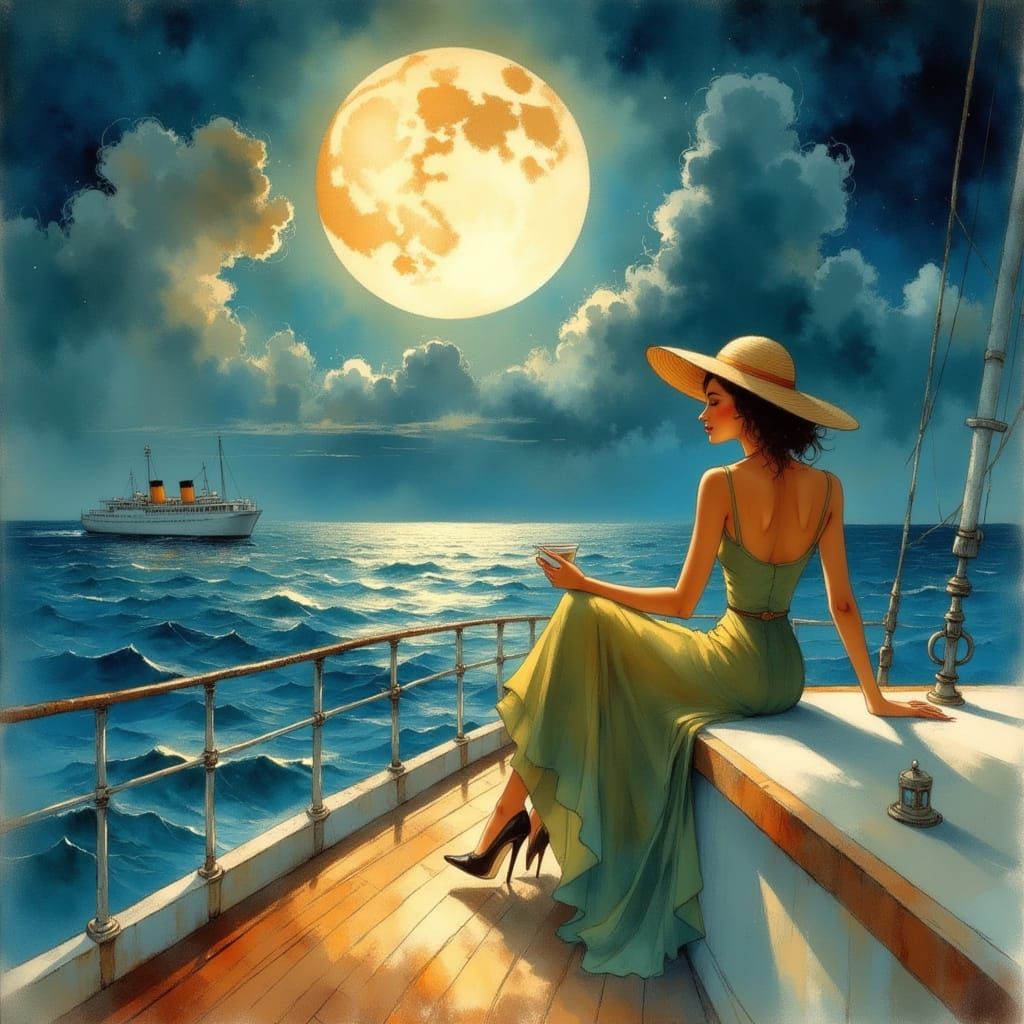 Glamorous Woman on Cruise Ship in Retro Cartoon Style