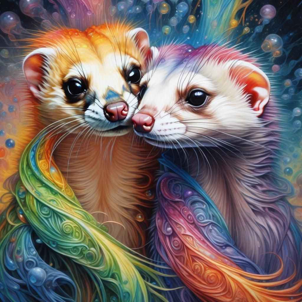 Rainbow Ferrets in Ornate Fantasy Painting