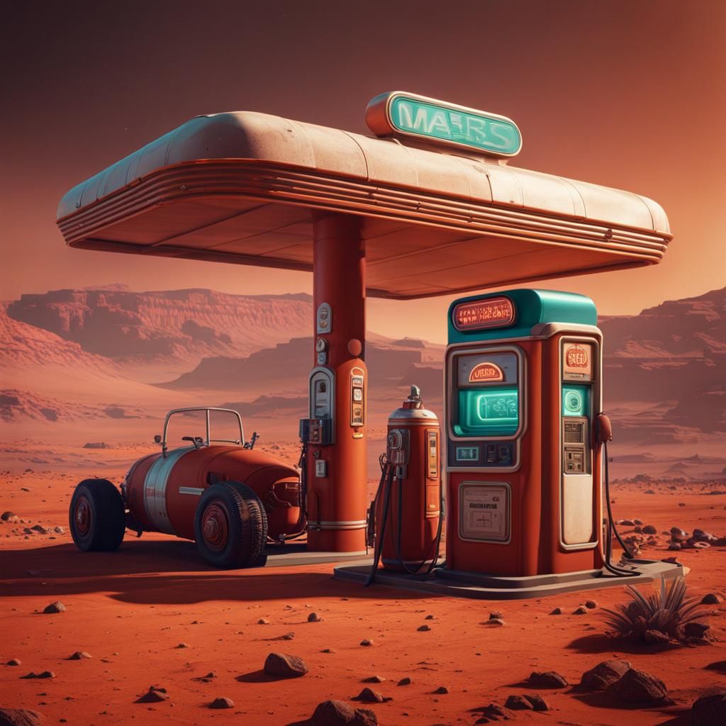 Retro Gas Station on Mars: Detailed Matte Painting