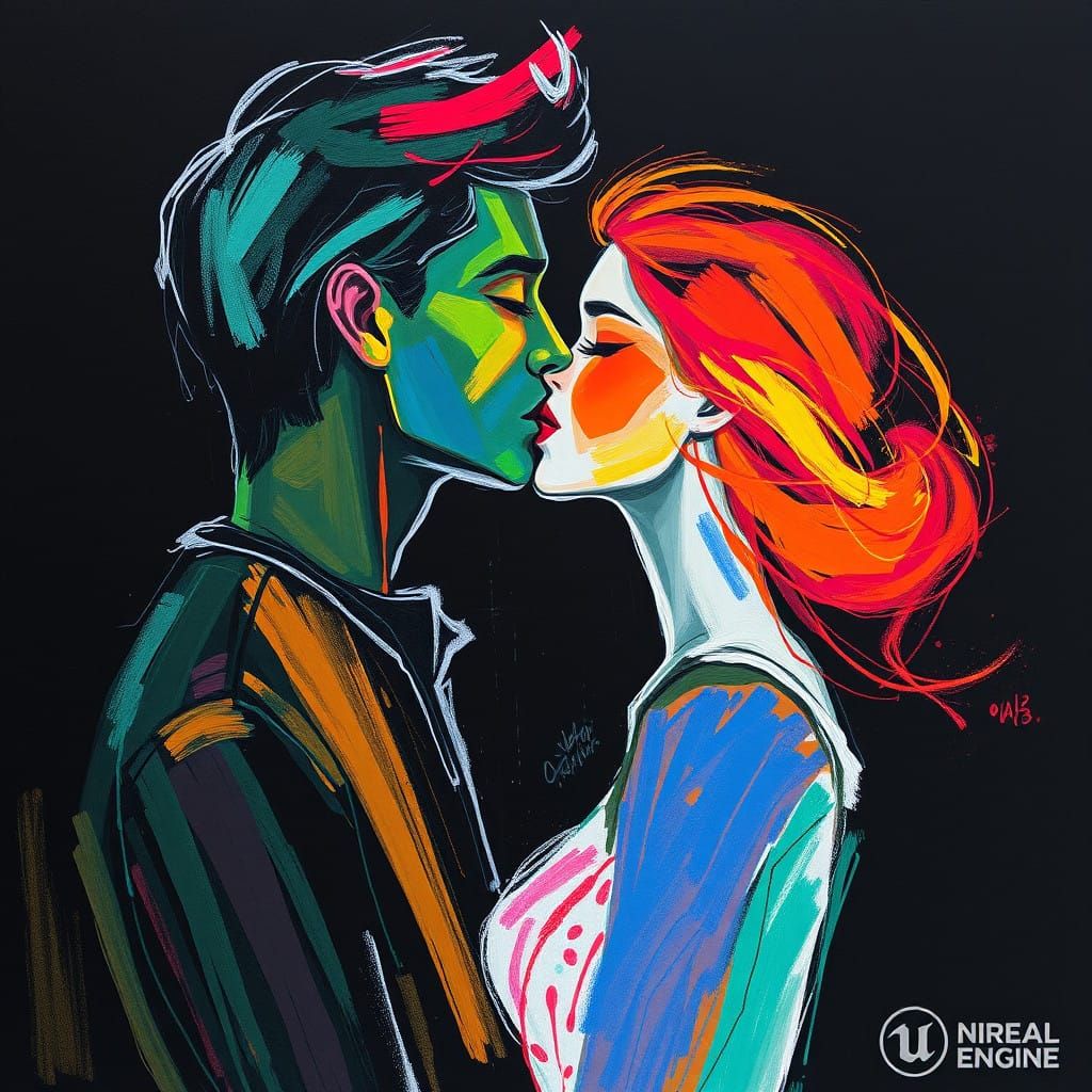 Expressionistic Portrait of a Passionate Kiss in Vibrant Pas...