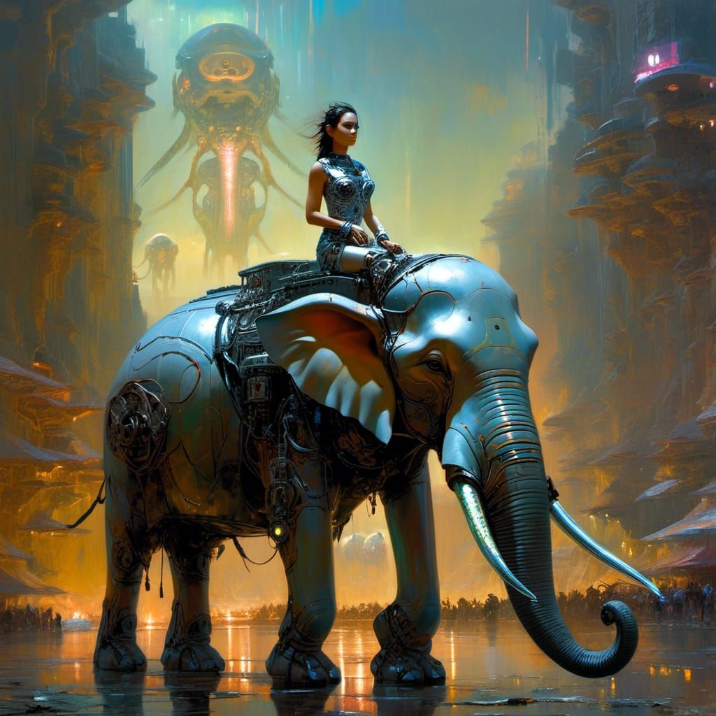 Cyborg Rider on Robotic Elephant: Impasto Painting