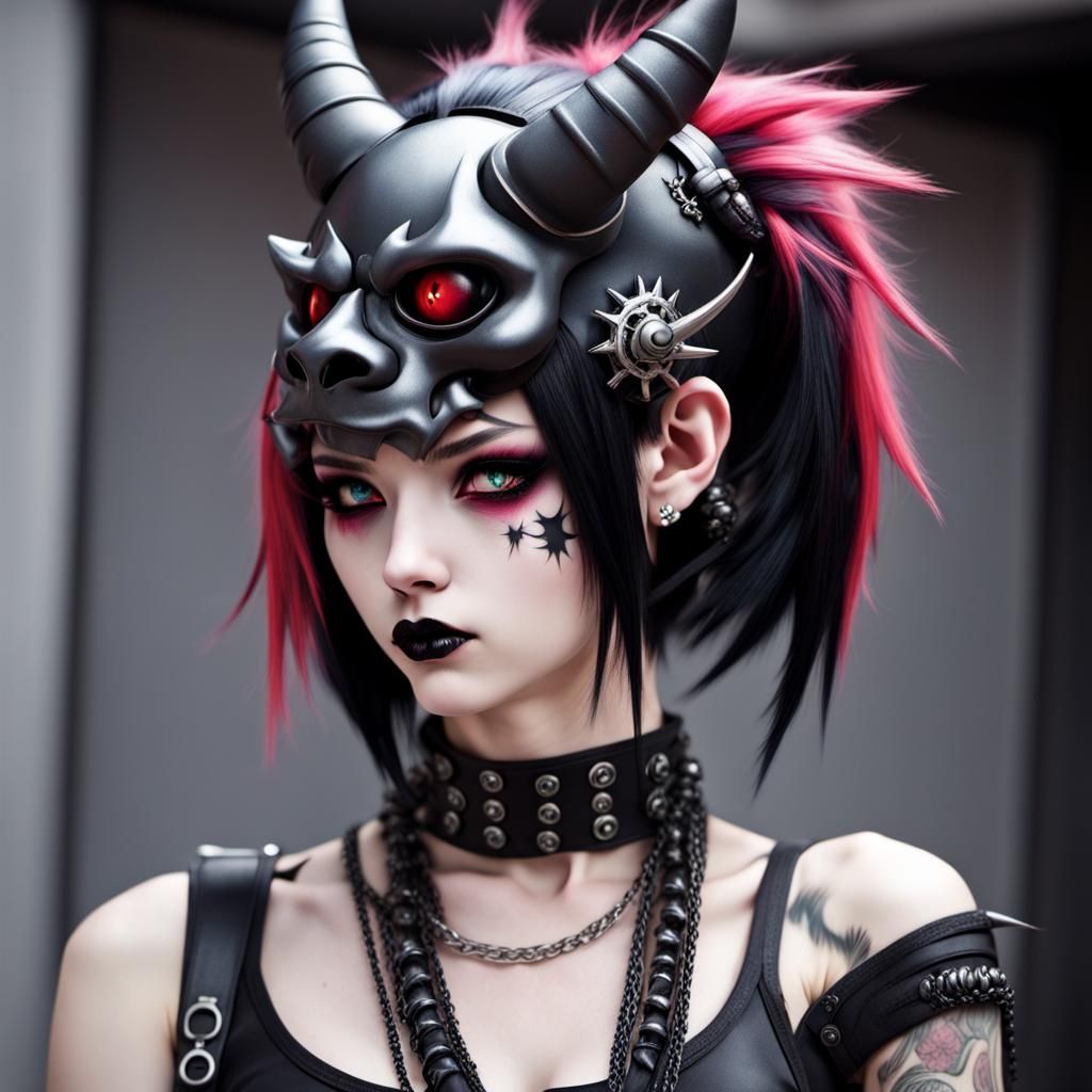 Anime Punk Goth Girl with Oni Mask