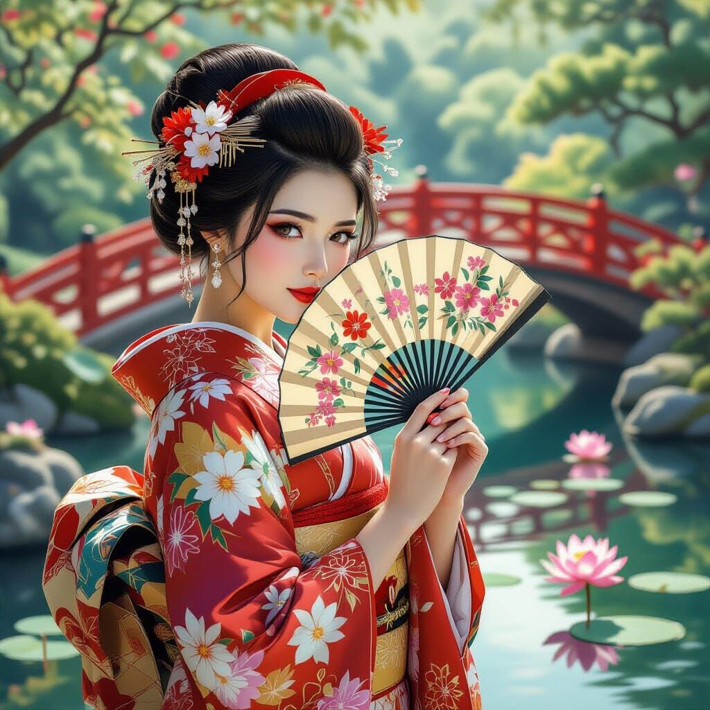 Shy Japanese Woman in Kimono, Hyper-Realistic Oil Painting