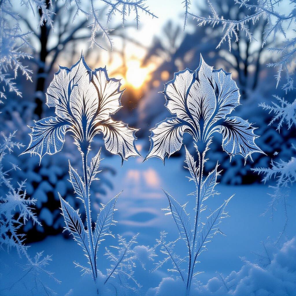 Ice Irises Frost Pattern on Window Glass