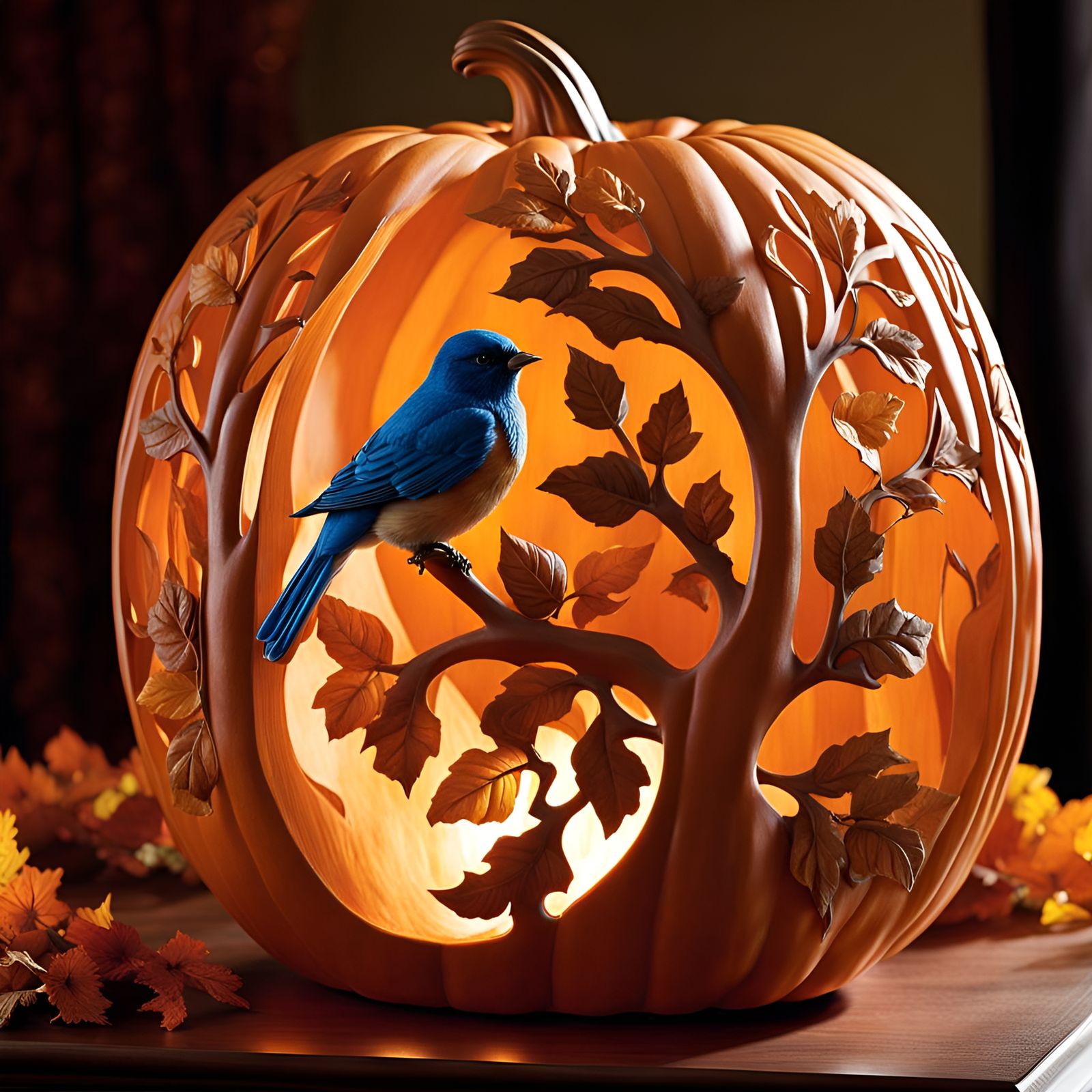 Bluebird's Enchanted Pumpkin: A Detailed Sculpture