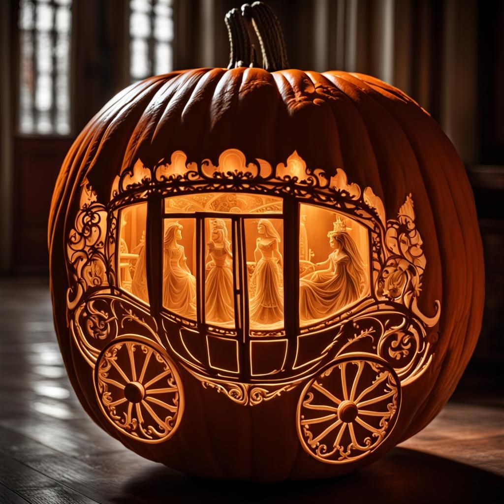 Intricate Princess Carriage Carved on Pumpkin