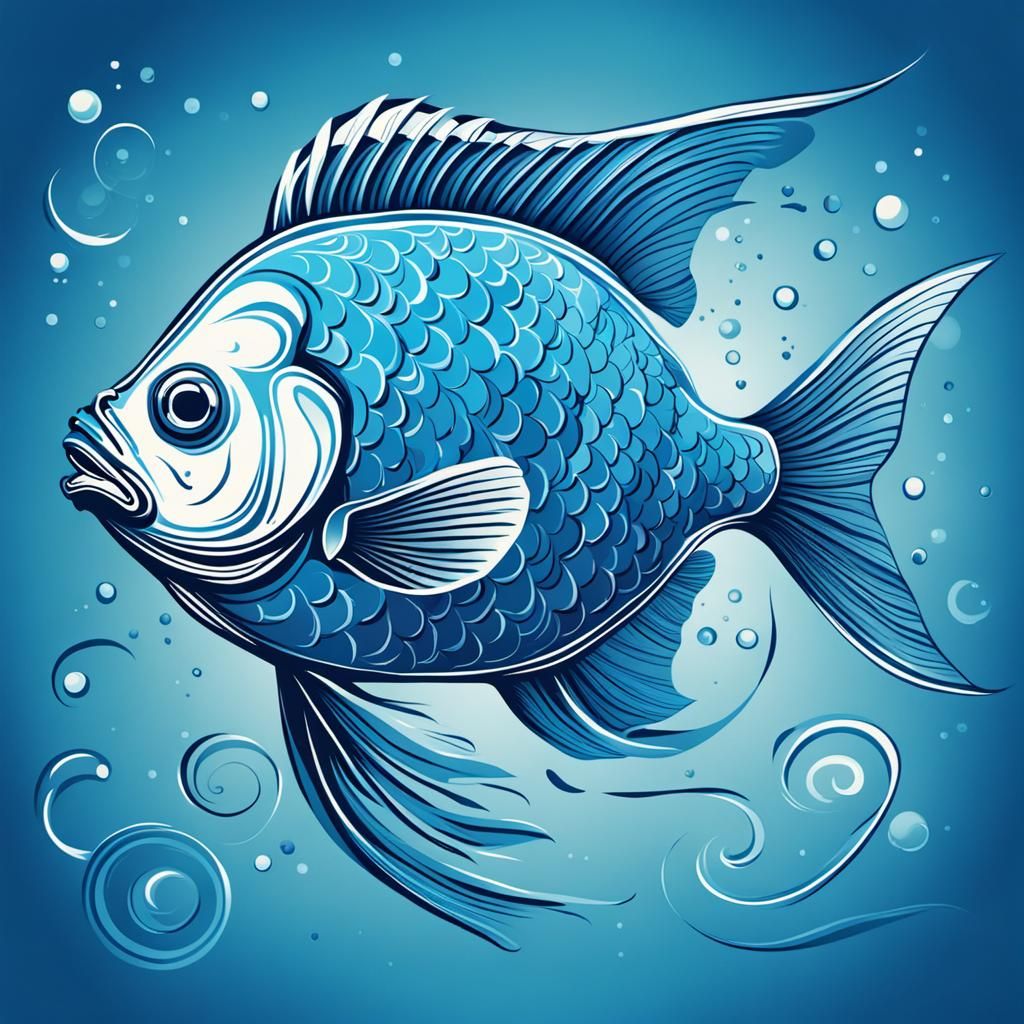 Fish with Heart Markings in Blue Print Art