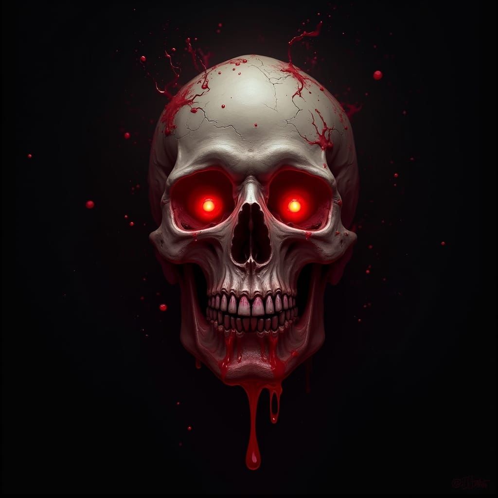 Surreal Dark Fantasy Skull with Fiery Eyes and Red Aura