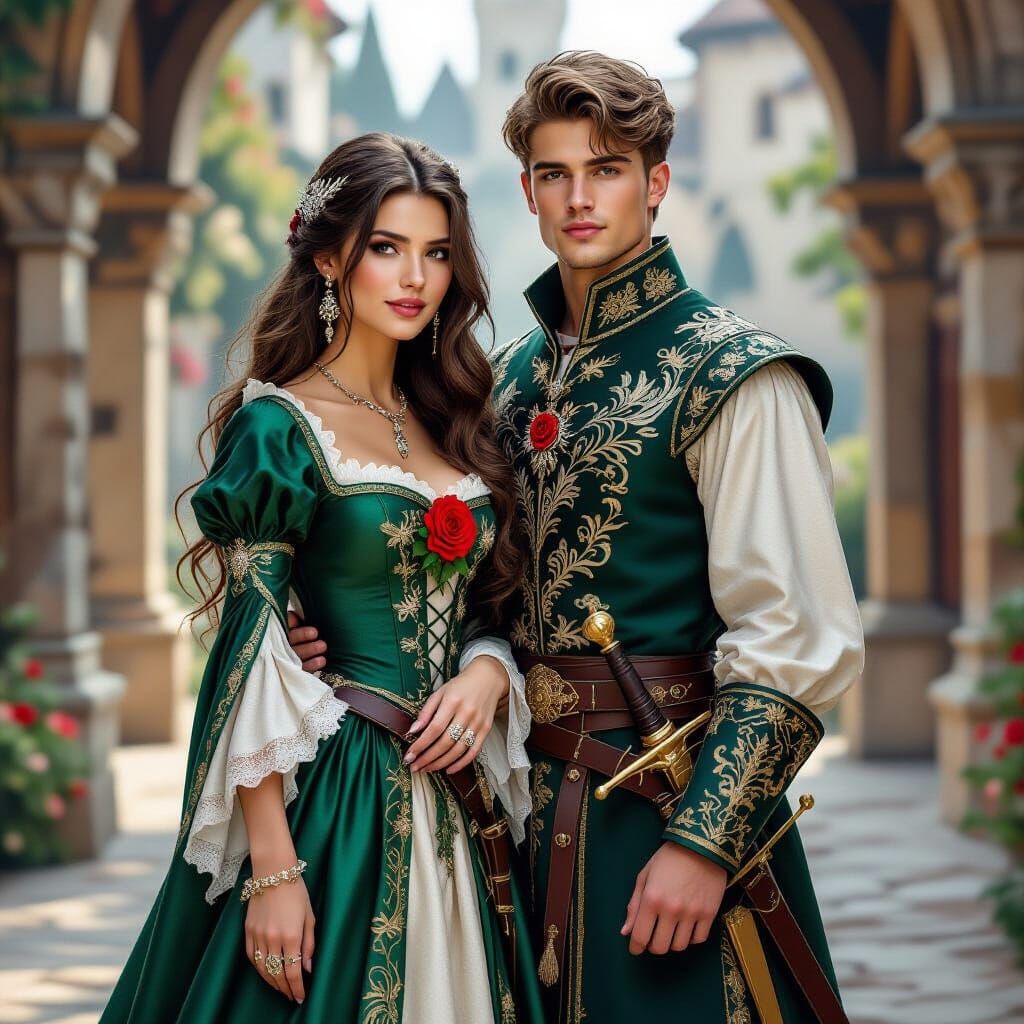 Fantasy Couple in Medieval Royal Attire with Northern Lights