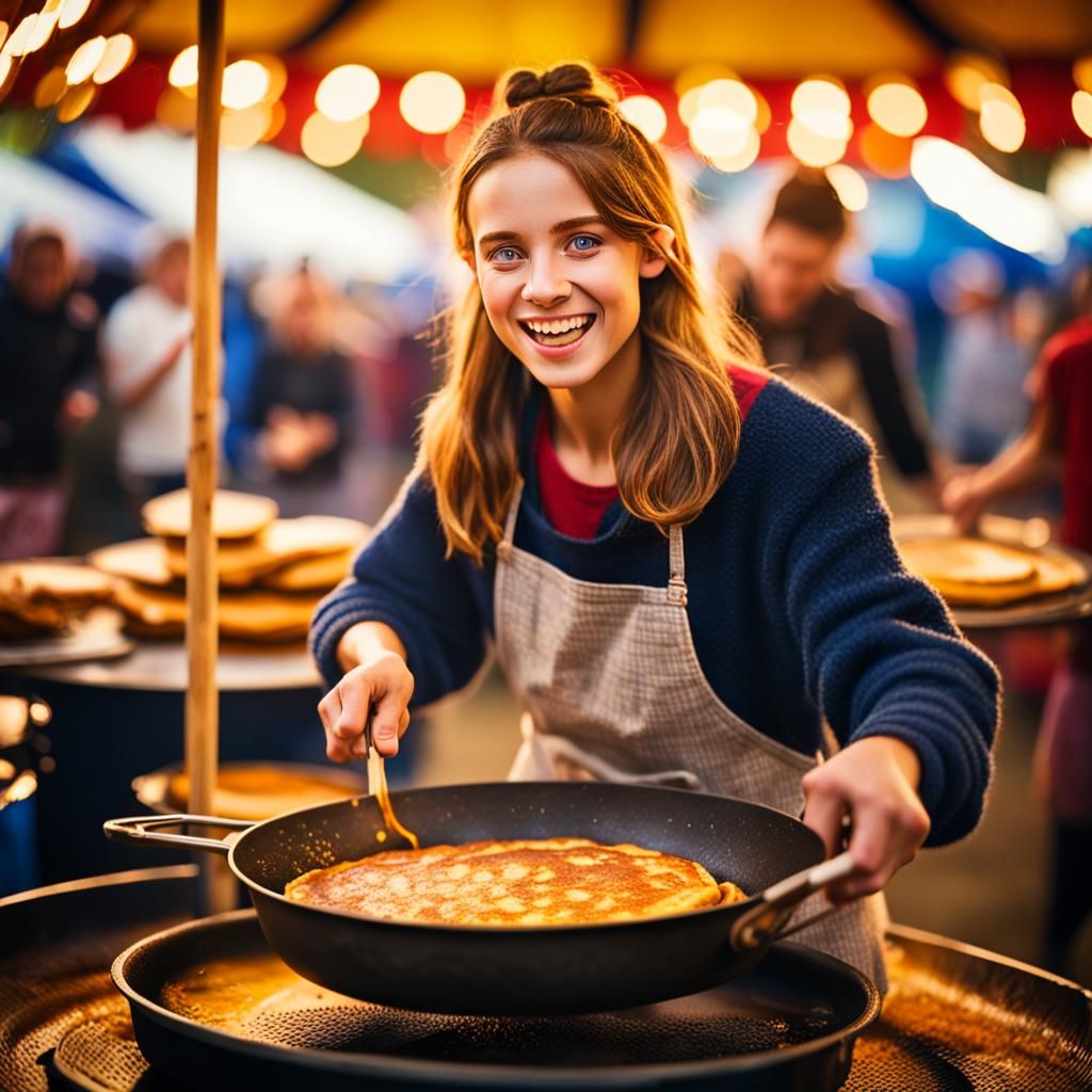 Joyful Pancake Flip at Country Fair: Portrait Photography