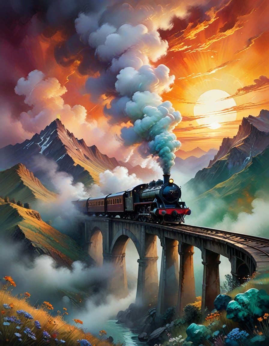 Mystical Landscape with Steam Train in Vibrant Ombre Sky