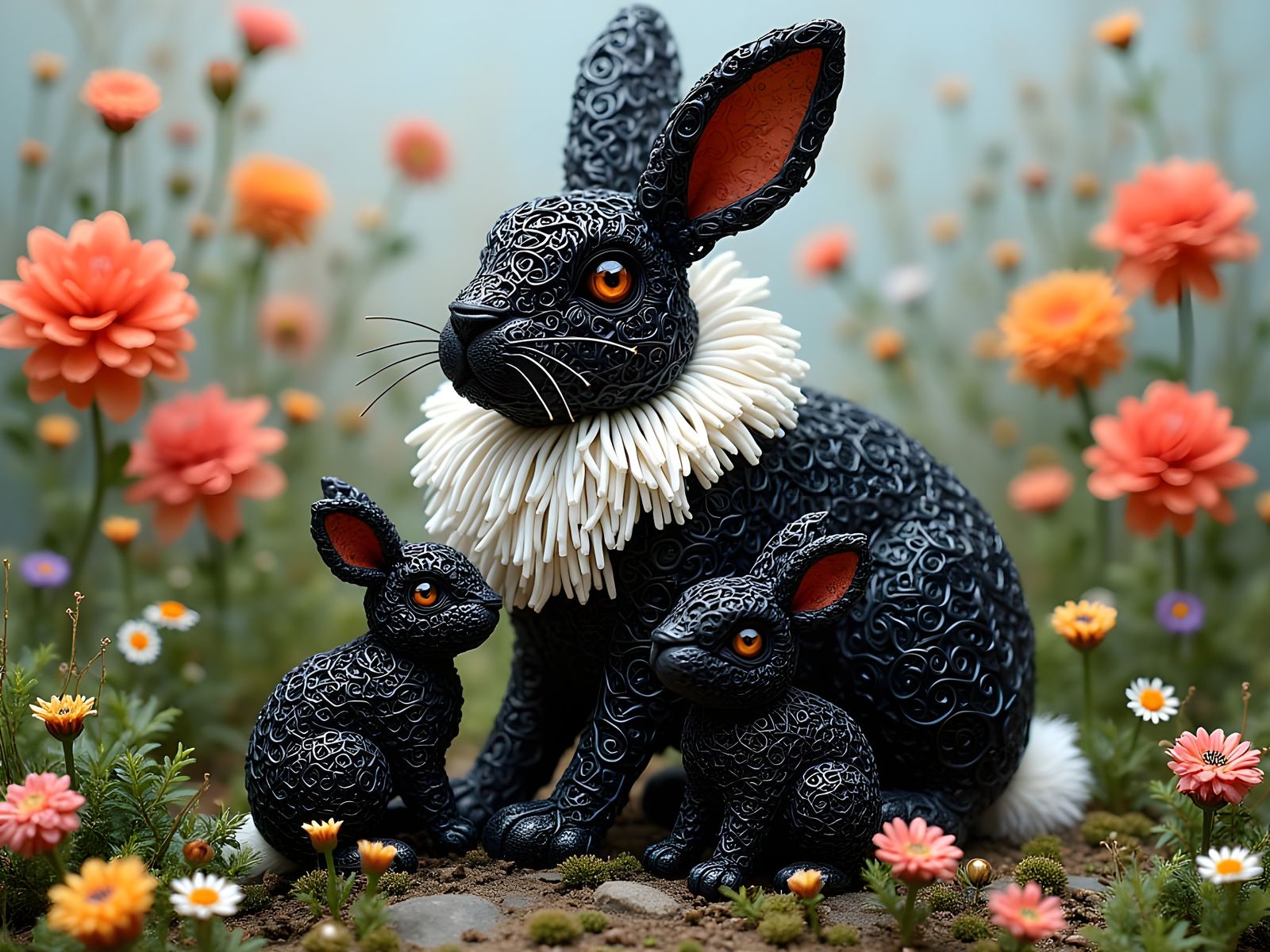 Wire Art: Lionhead Rabbit Mother and Babies