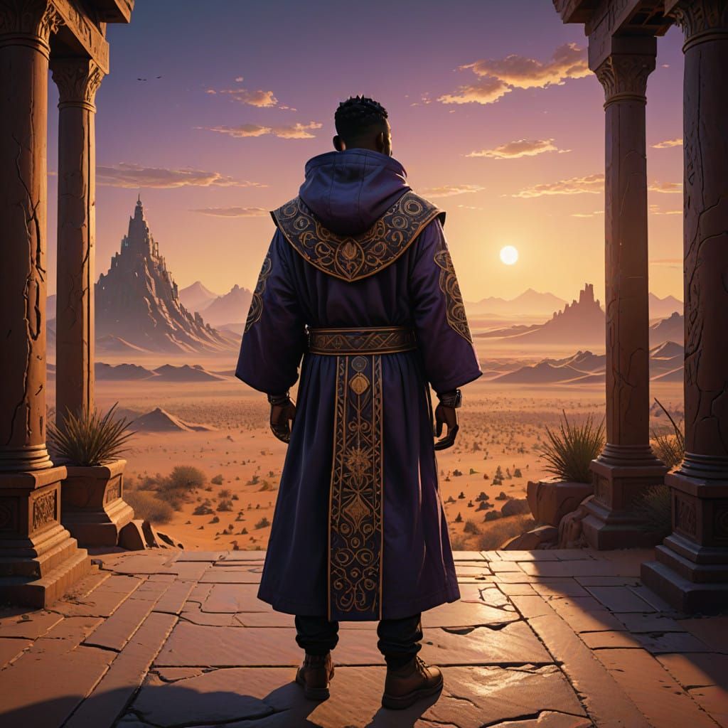 Mystical Desert Temple at Dusk in Earth-Toned Robes