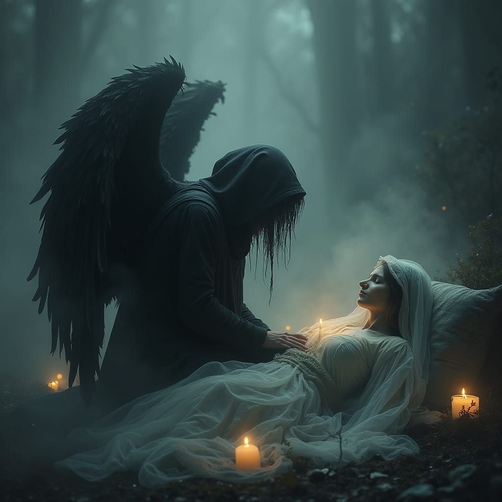 Sorrowful Dark Angel in Eerie, Mystical Realm