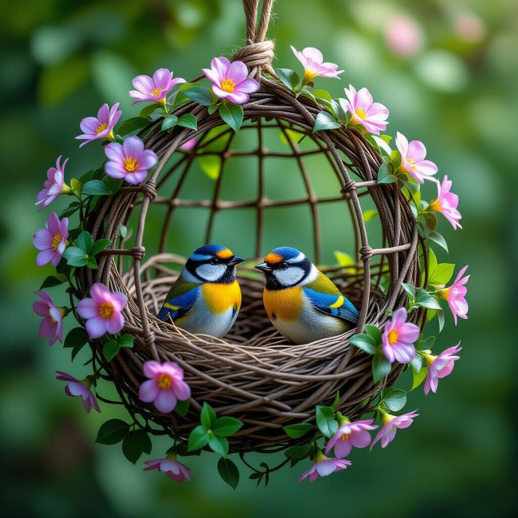 Intricately Woven Living Bird Cage with Iridescent Flowers