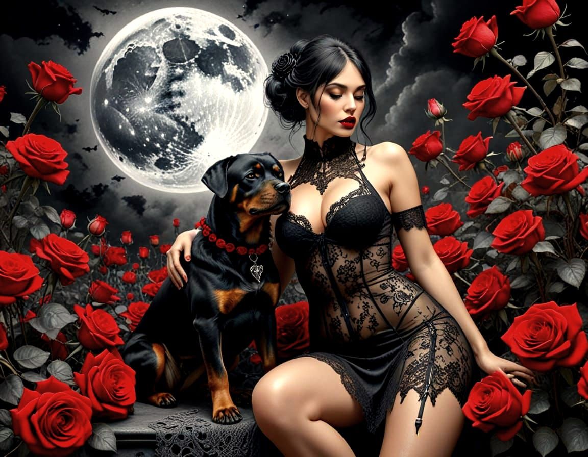 Curvy Hotwife and Rottweiler in Graphite Pencil Style