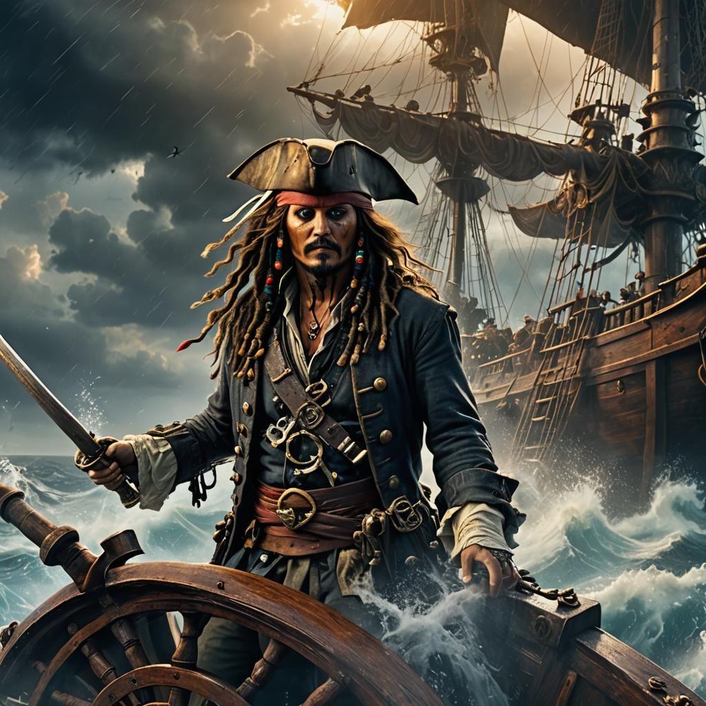 Jack Sparrow Steers Ship Through Stormy Seas