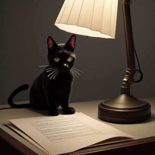 Embroidered Cat Still Life with Origami, Oil Painting Style