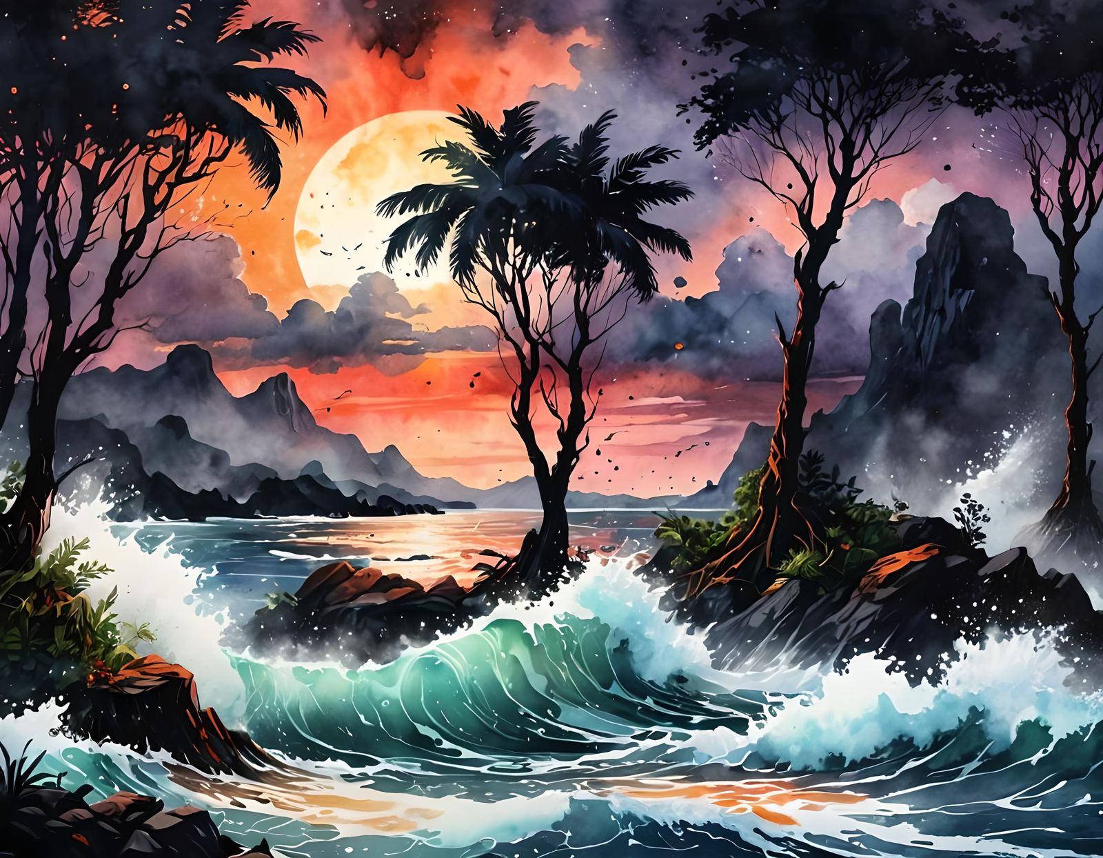 Epic Sunset Rainforest Landscape with Mystical Fog and Glowi...