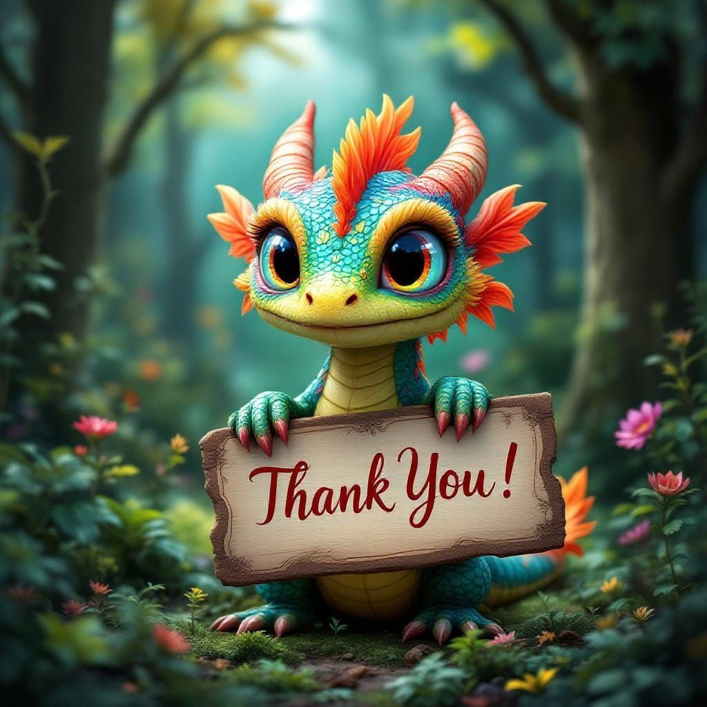 Colorful Forest Dragon Holds Thank You Sign