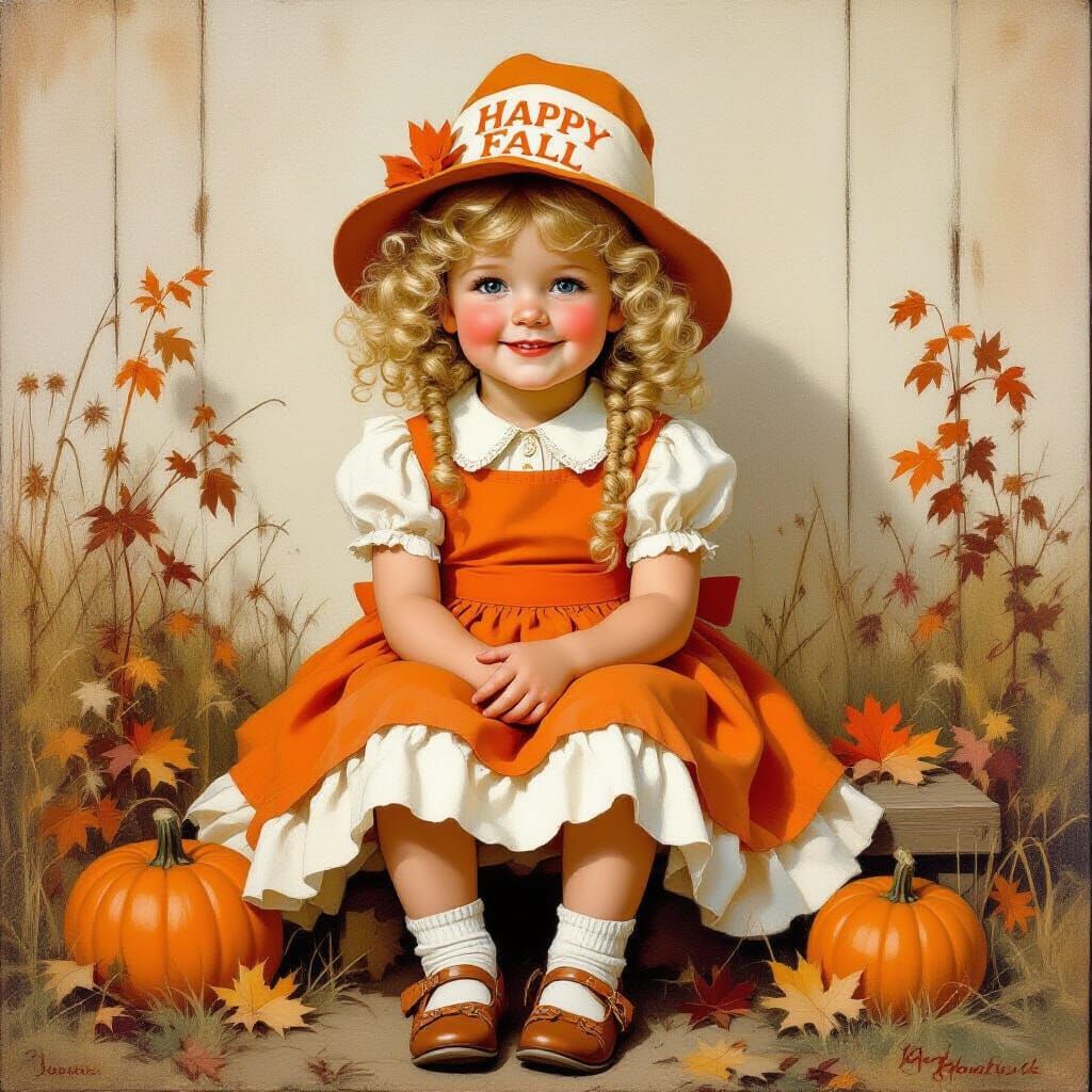 Whimsical Girl in Fall Dress, Realistic Oil Painting Style