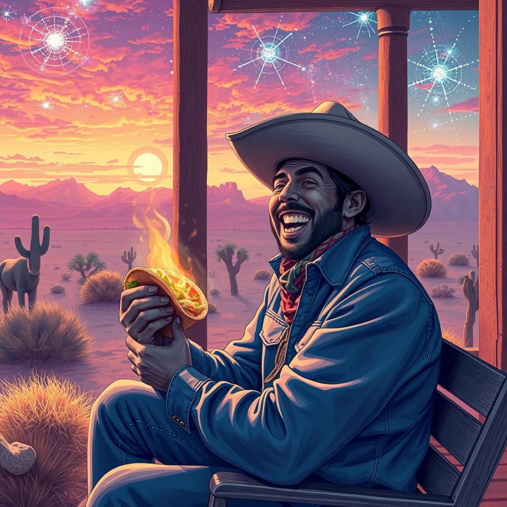 Cosmic Cowboy Enjoying Tacos in the Desert
