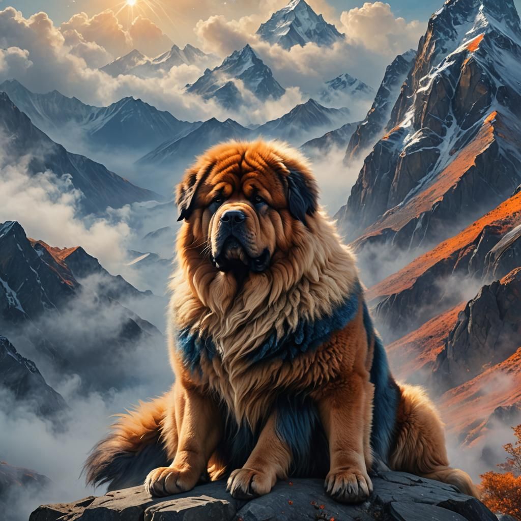 Regal Tibetan Mastiff Portrait on Mountain Peak