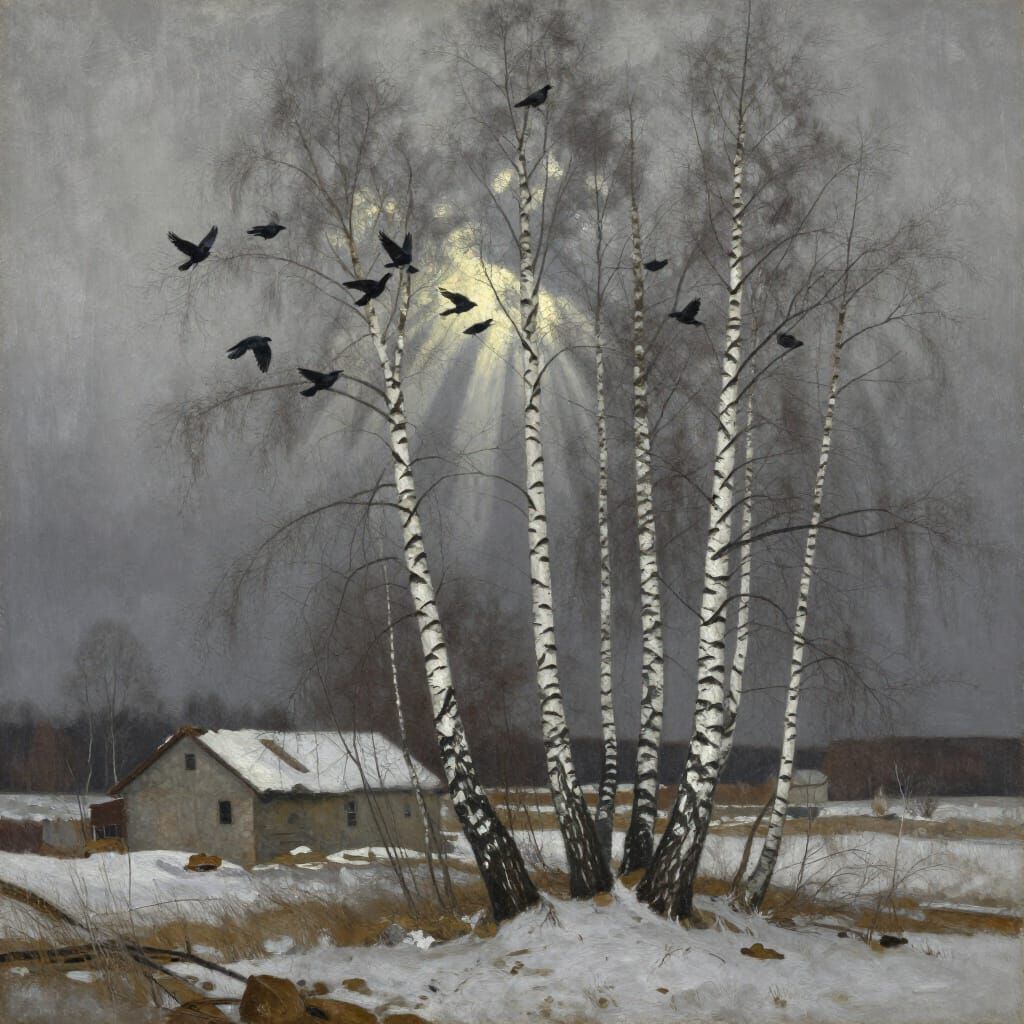 Melancholic Spring Landscape Oil Painting with Rooks