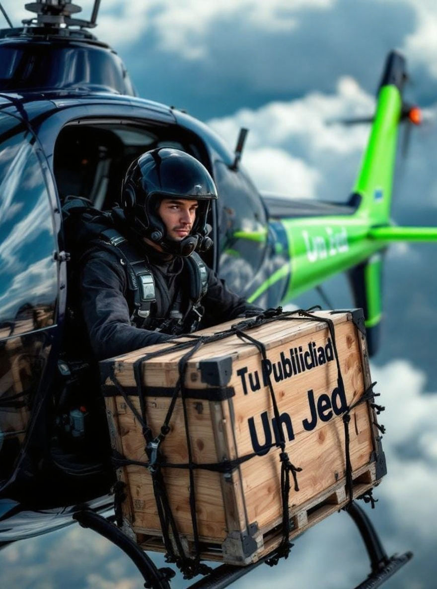 Helicopter Transporting Crate with Spanish Inscription