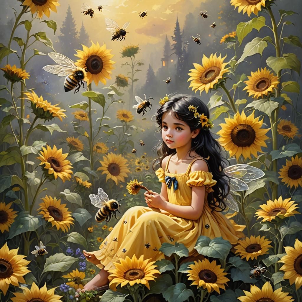 Fairy and Bee in Sunflower, Baroque Oil Painting