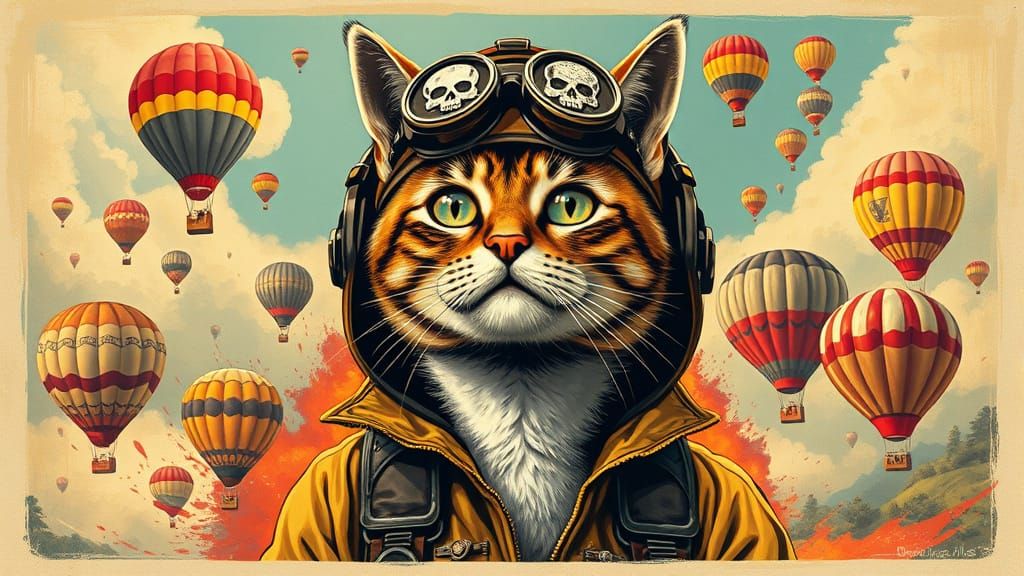 Punk Rock Cat Hot Air Balloon Pilot in Vintage Style