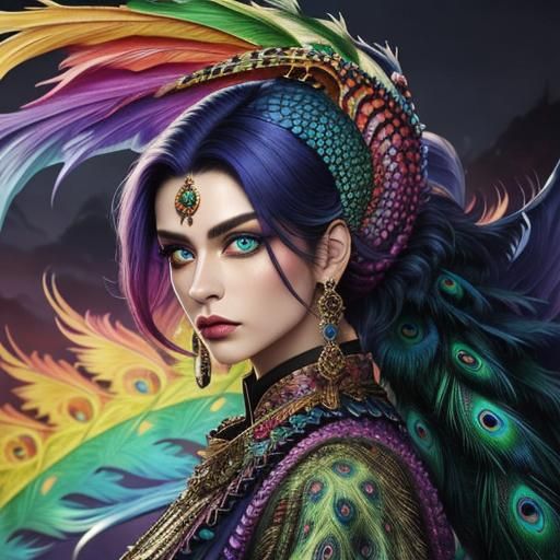 Woman with Rainbow Scales and Peacock Hair