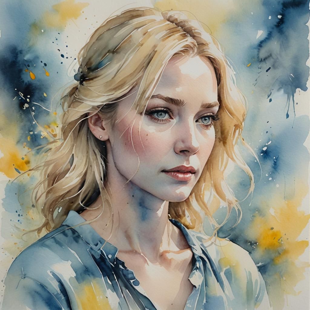 Dreamy Watercolor Portrait of a Blonde Woman