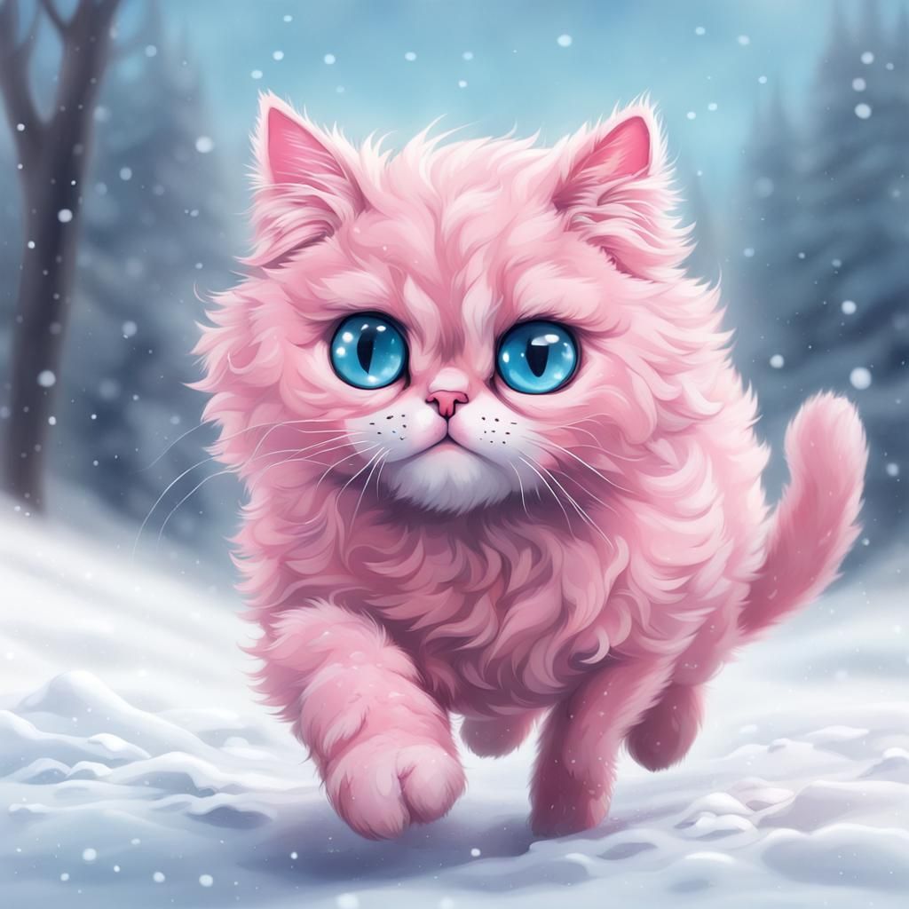 Fluffy Pink Cat Running in Winter Snow