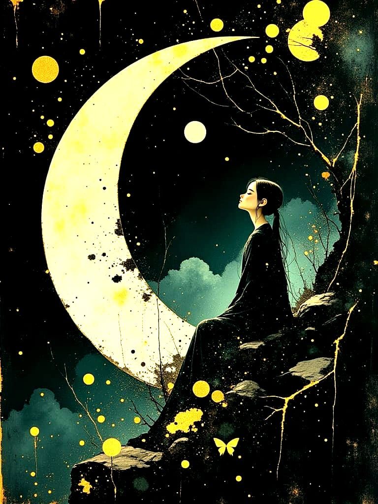 Miniature Figure on Crescent Moon in Oil Painting Style