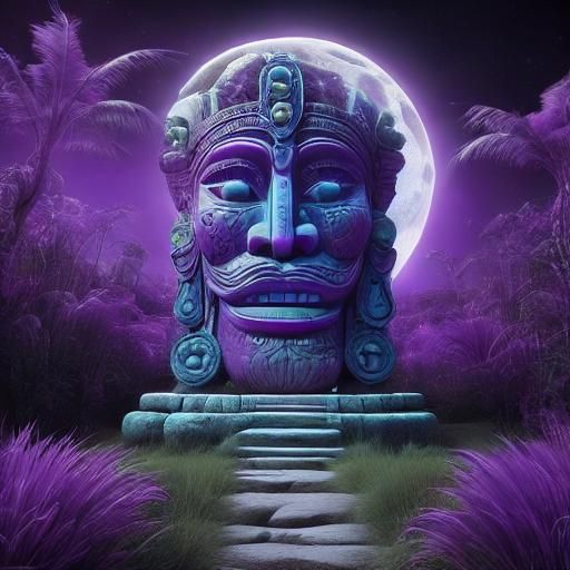 Mystical Jungle Landscape with Ancient Statue Head